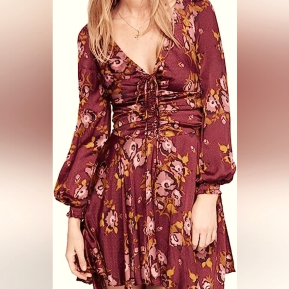 Free people womens morning light floral print ruched casual mini dress boho s 12